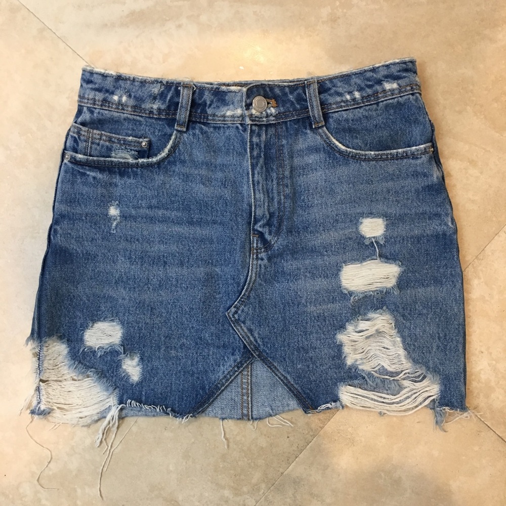 Zara distressed denim mini skirt